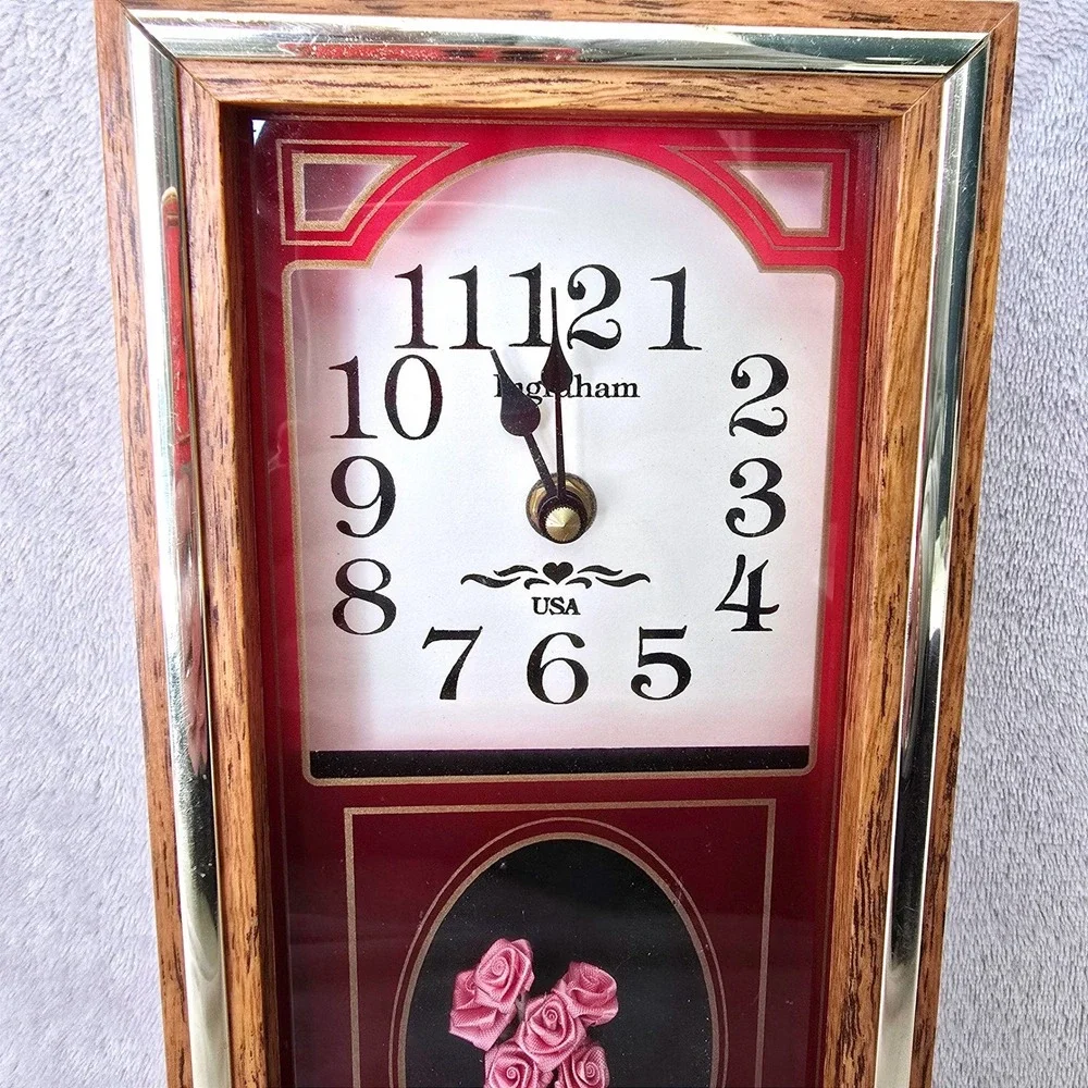 Vintage Ingraham Home Sweet Home Floral Wall Clock Wood Frame USA 12 In